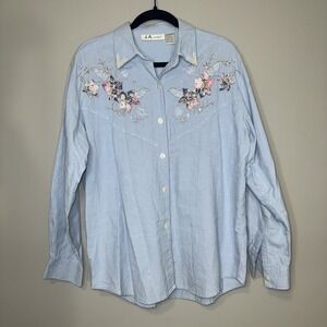 J.A. Studio Women's Light Blue Embroidered Floral Pearl Button Down Shirt Size L